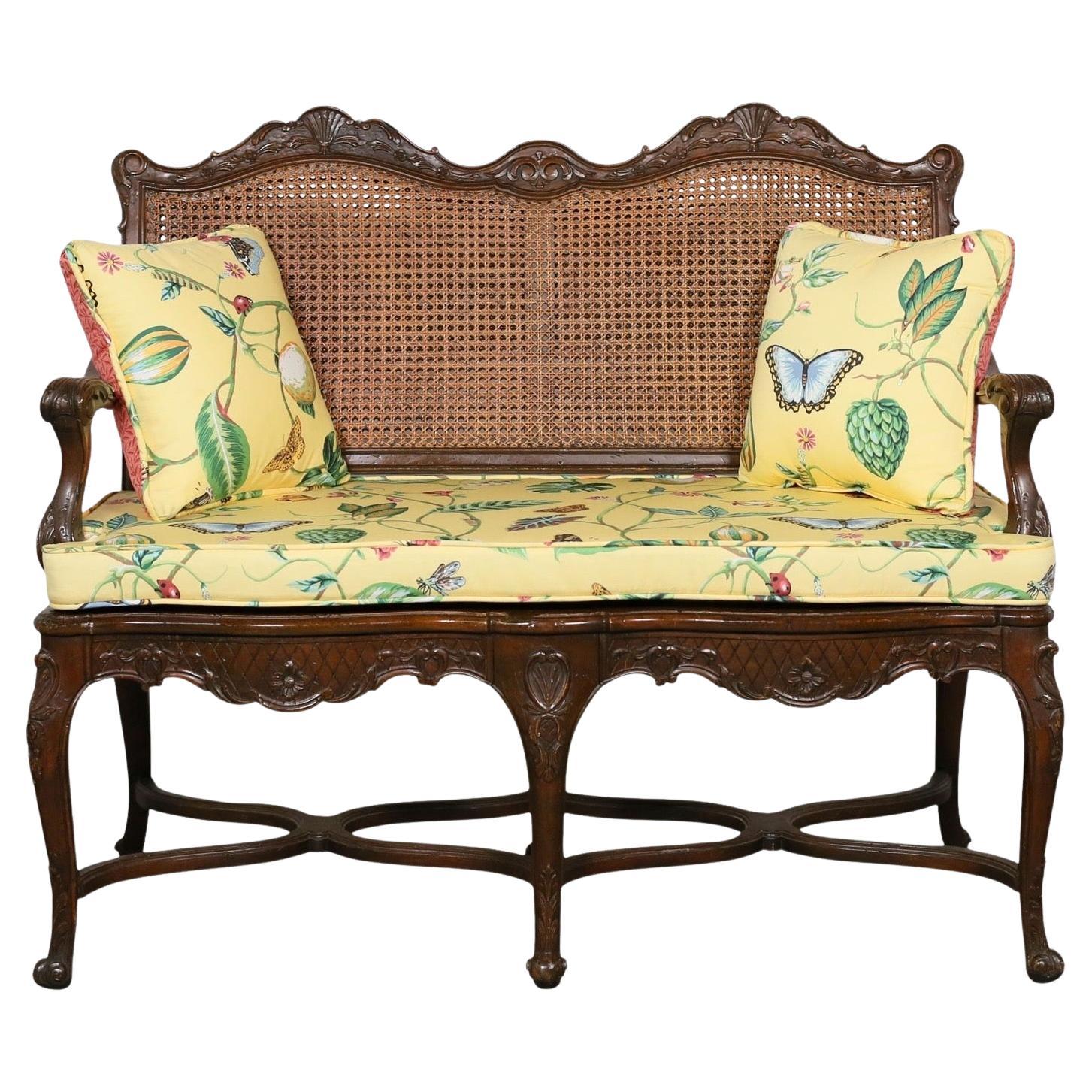 French Louis XV Style Carved Fruitwood & Cane Settee
