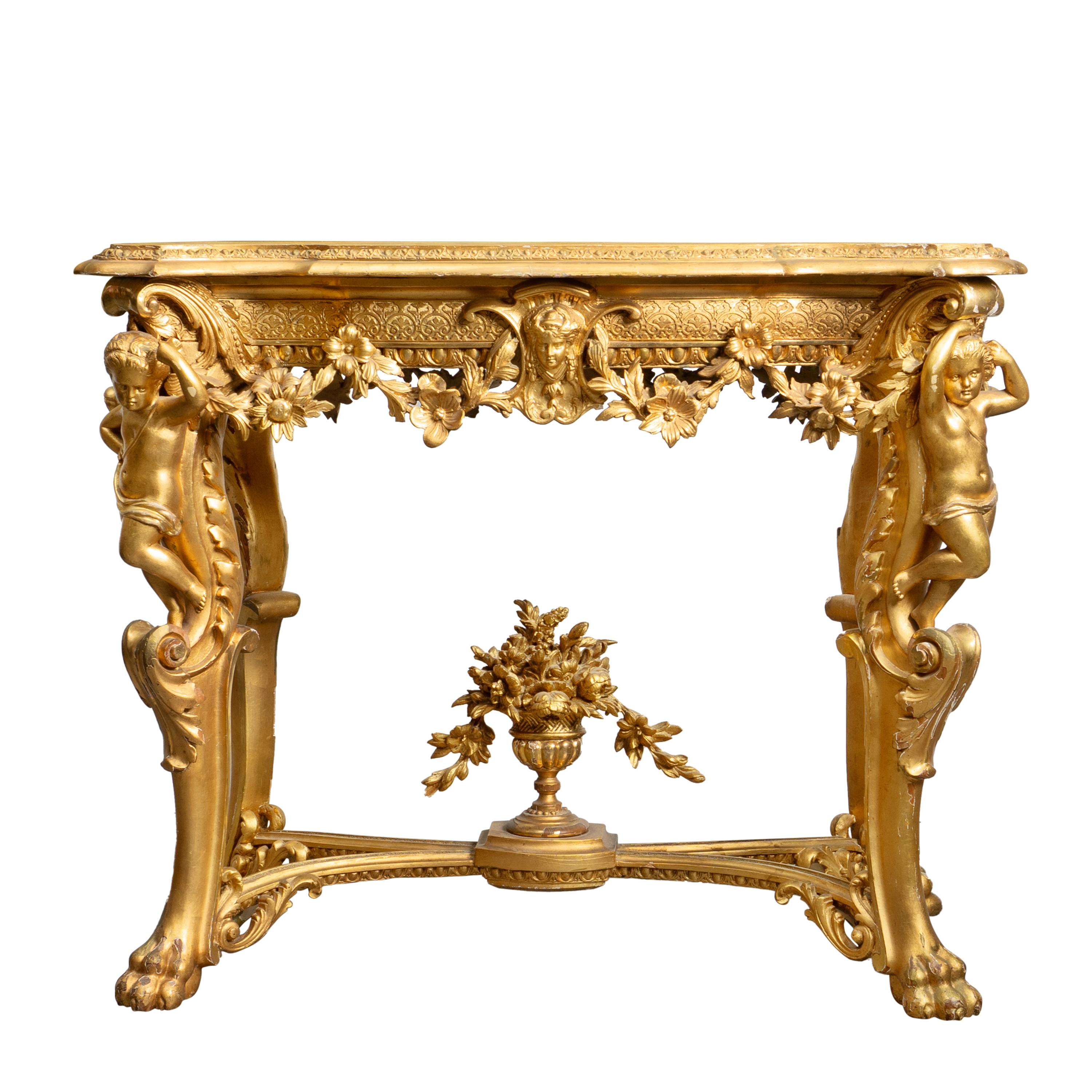 The description paints a vivid picture of an intricately crafted 19th-century French side table in the Louis XV style. The table's ornate design is a hallmark of this period, showcasing detailed craftsmanship and rich embellishments.

The table's