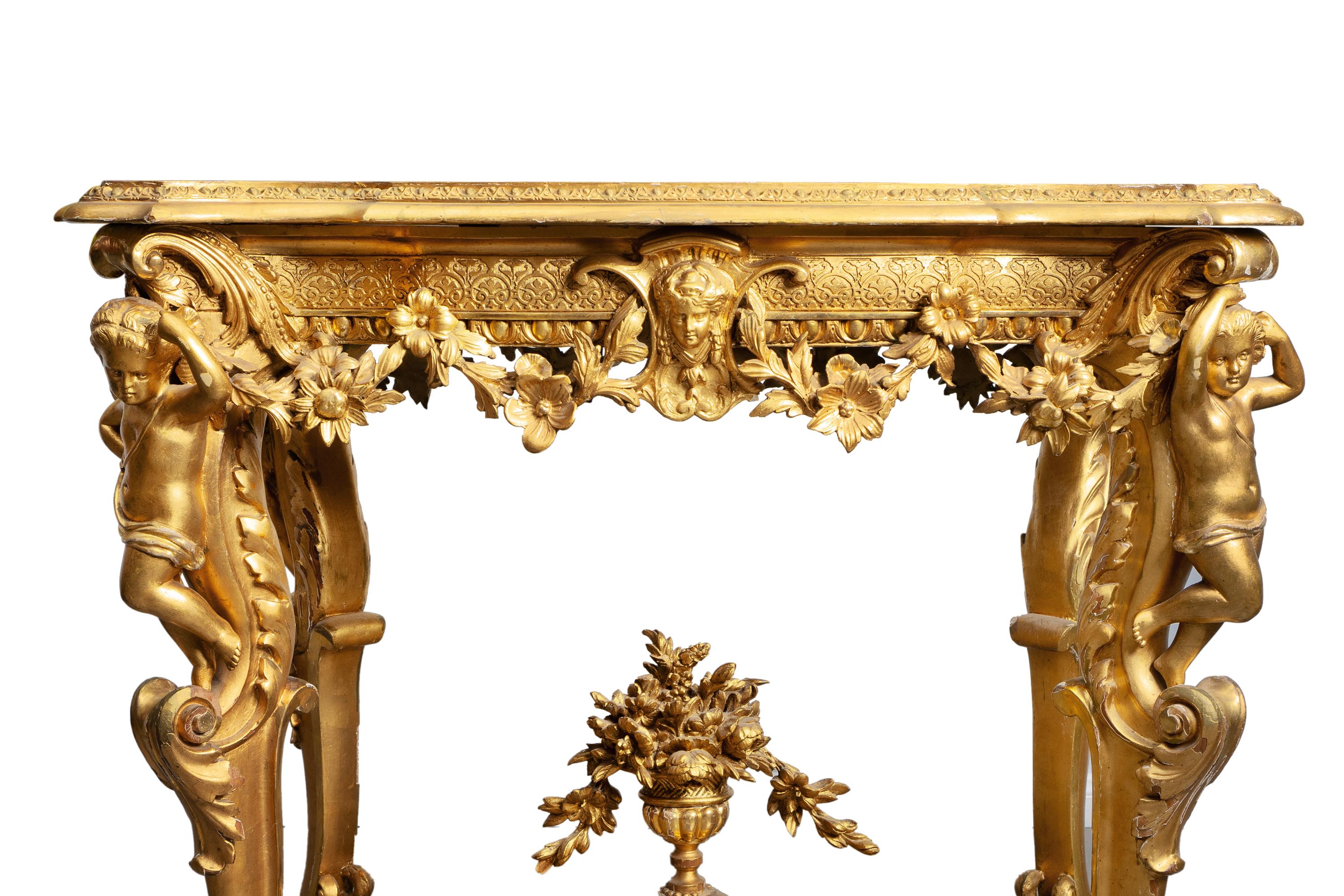 French Louis XV Style Carved Gilt-Wood & Gesso Figural Side Table In Excellent Condition For Sale In Los Angeles, CA
