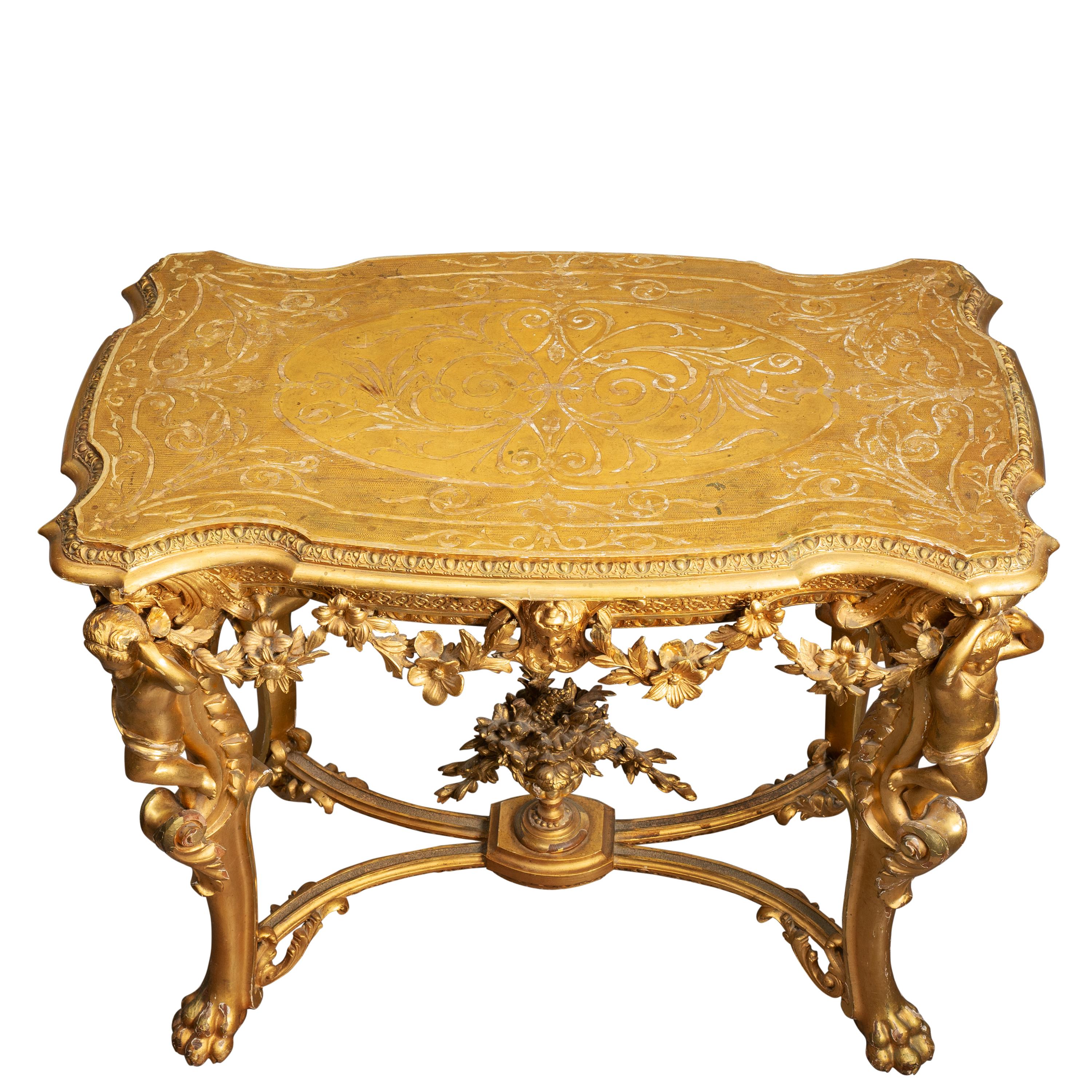 Gesso Table d'appoint de style Louis XV sculptée en bois doré et gesso en vente