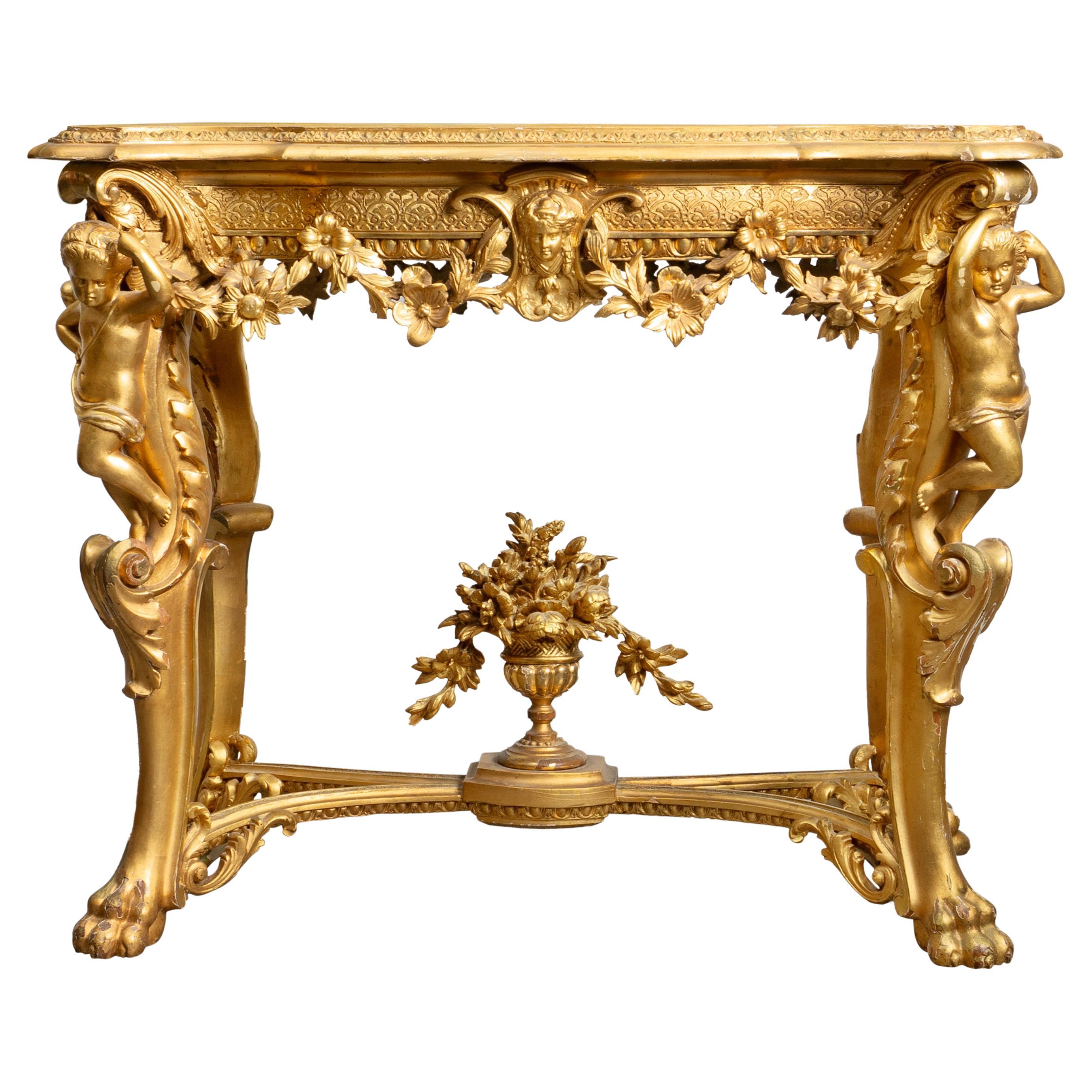 French Louis XV Style Carved Gilt-Wood & Gesso Figural Side Table
