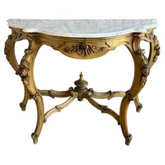 French Louis XV Style Carved Giltwood Console Table with White Marble Top