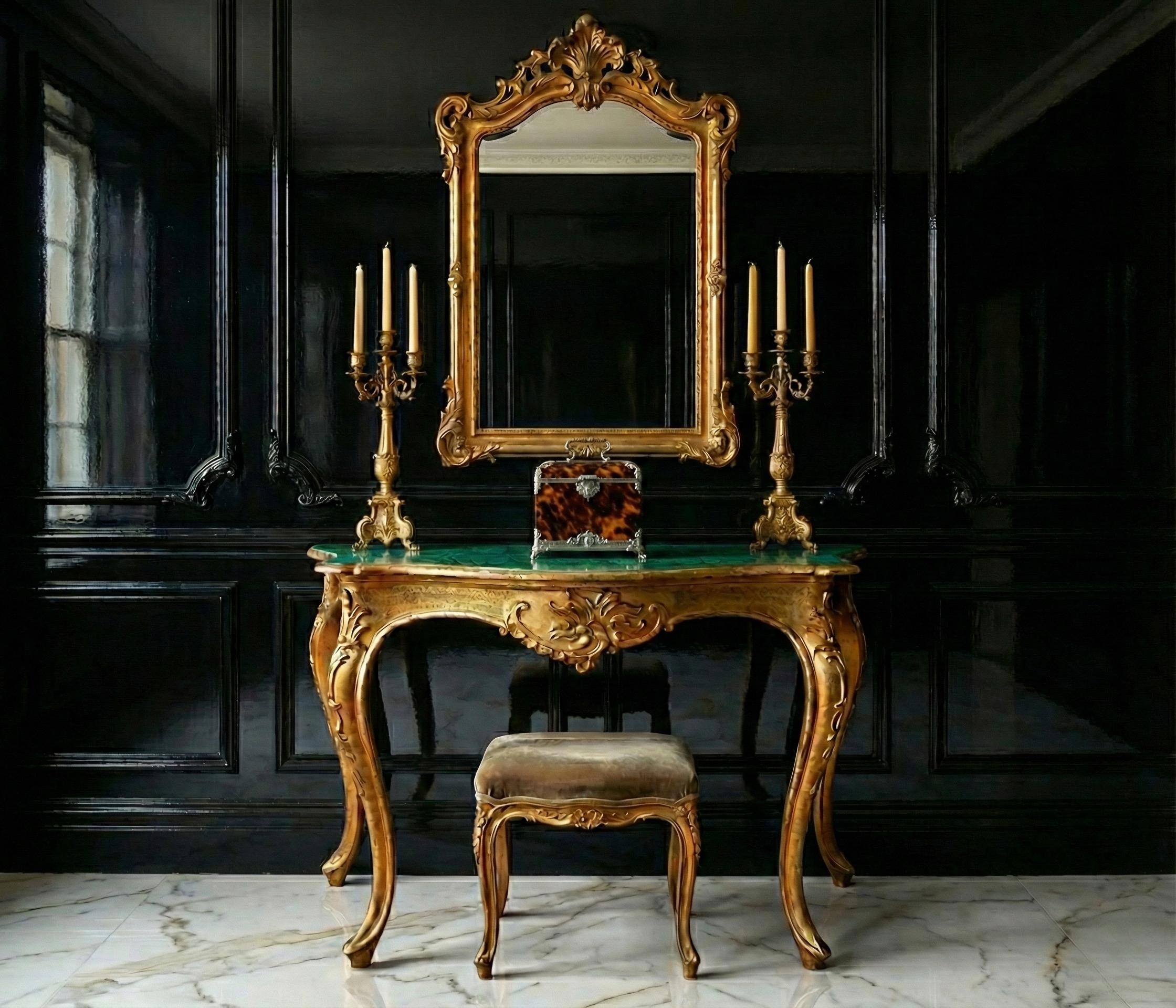 Se trata de una consola italiana tallada en madera dorada de estilo francés Luis XV. Tiene una maravillosa parte superior de malaquita de imitación vibrante. Está etiquetado y tiene el desgaste propio de la edad.