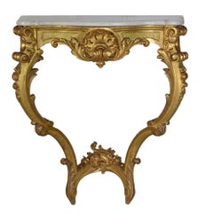 French Louis XV Style Carved Giltwood Marble Top Wall Console Table