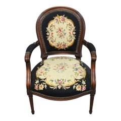 French Louis XV Style Carved Mahogany & Needlepoint Fauteuil Armchair c1920