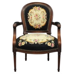 French Louis XV Style Carved Mahogany & Needlepoint Fauteuil Armchair c1920