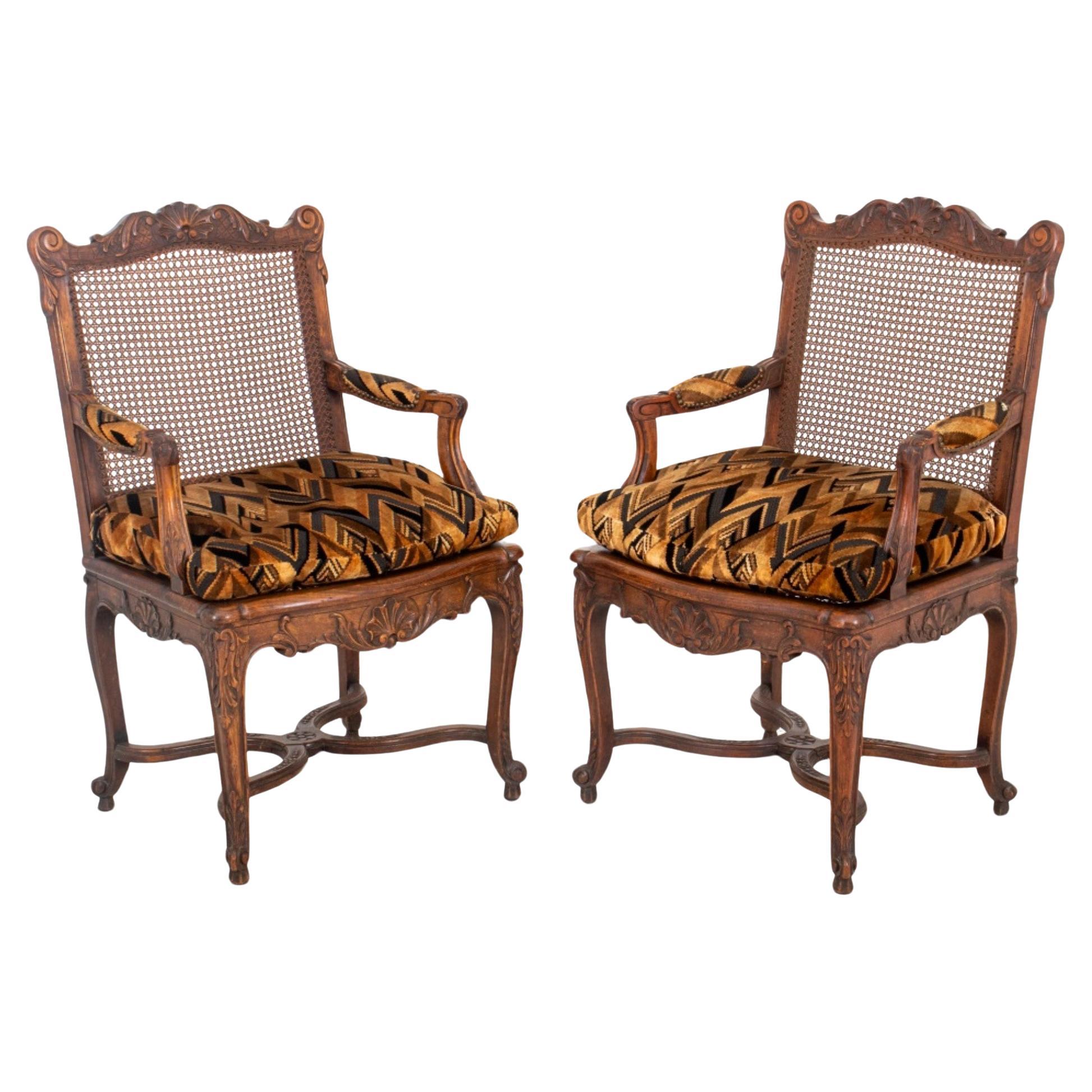 French Louis XV Style Carved Oak Armchairs, 2 For Sale