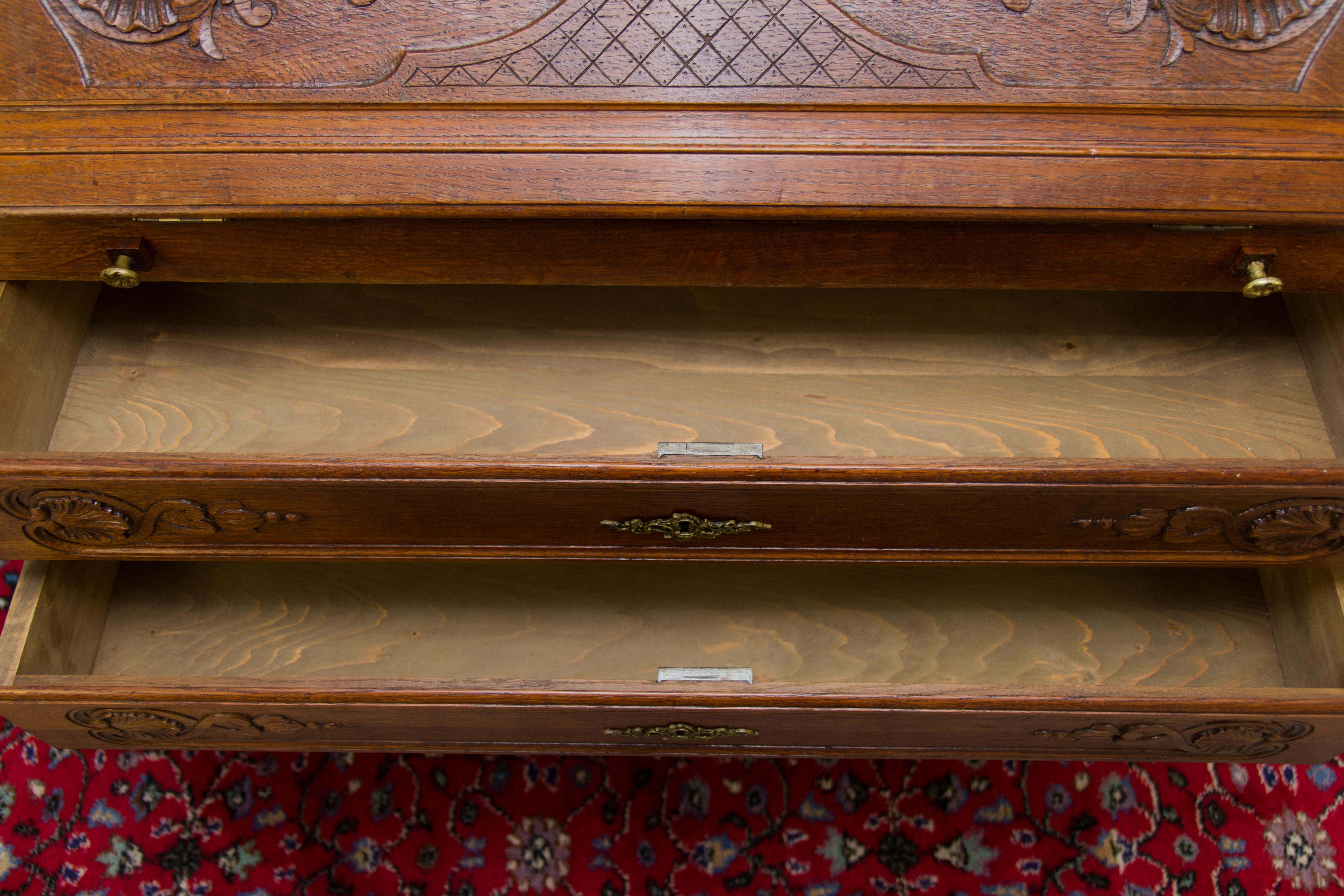French Louis XV Style Carved Oak Drop Front Secretary Bureau, 1930s 6
