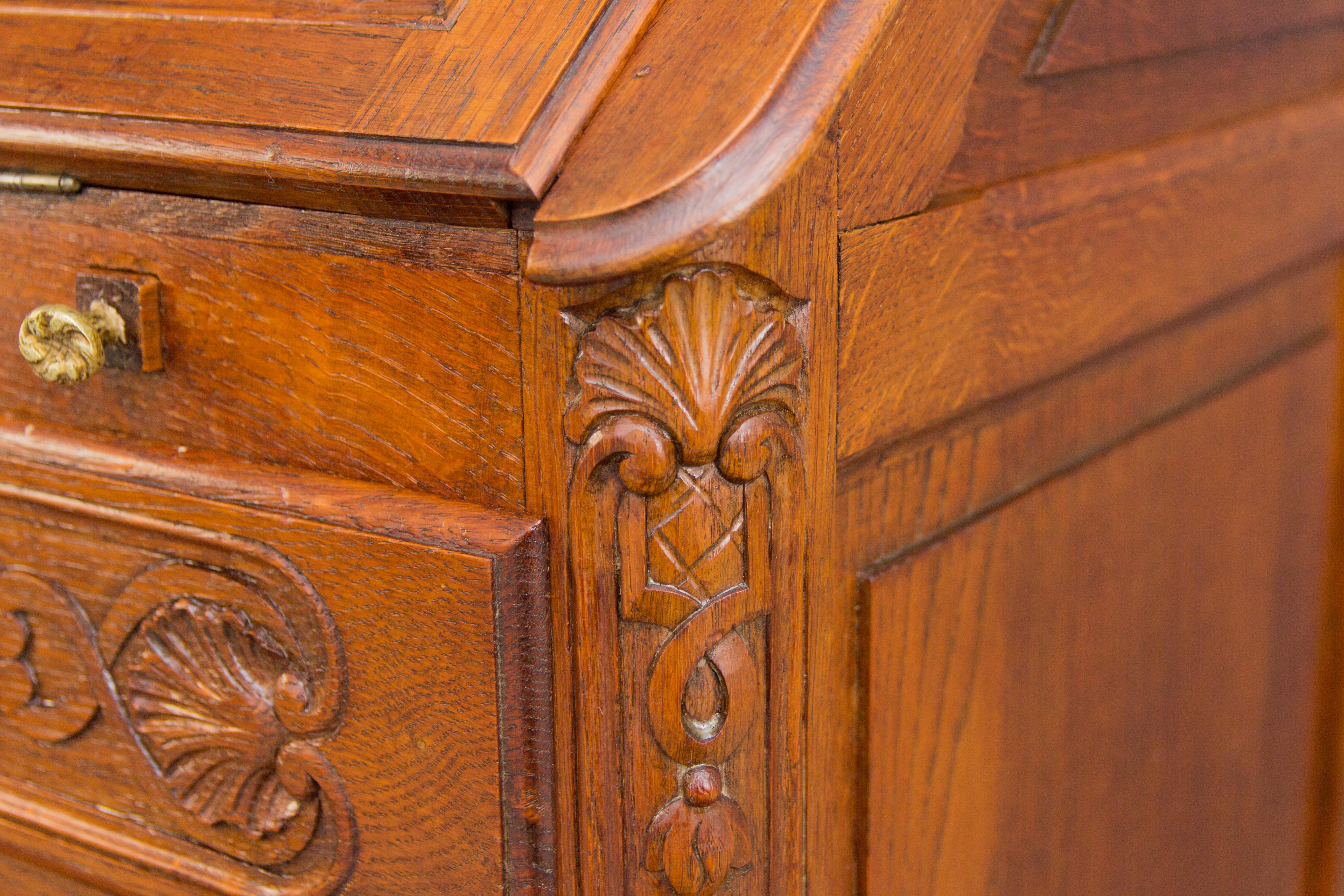 French Louis XV Style Carved Oak Drop Front Secretary Bureau, 1930s 12