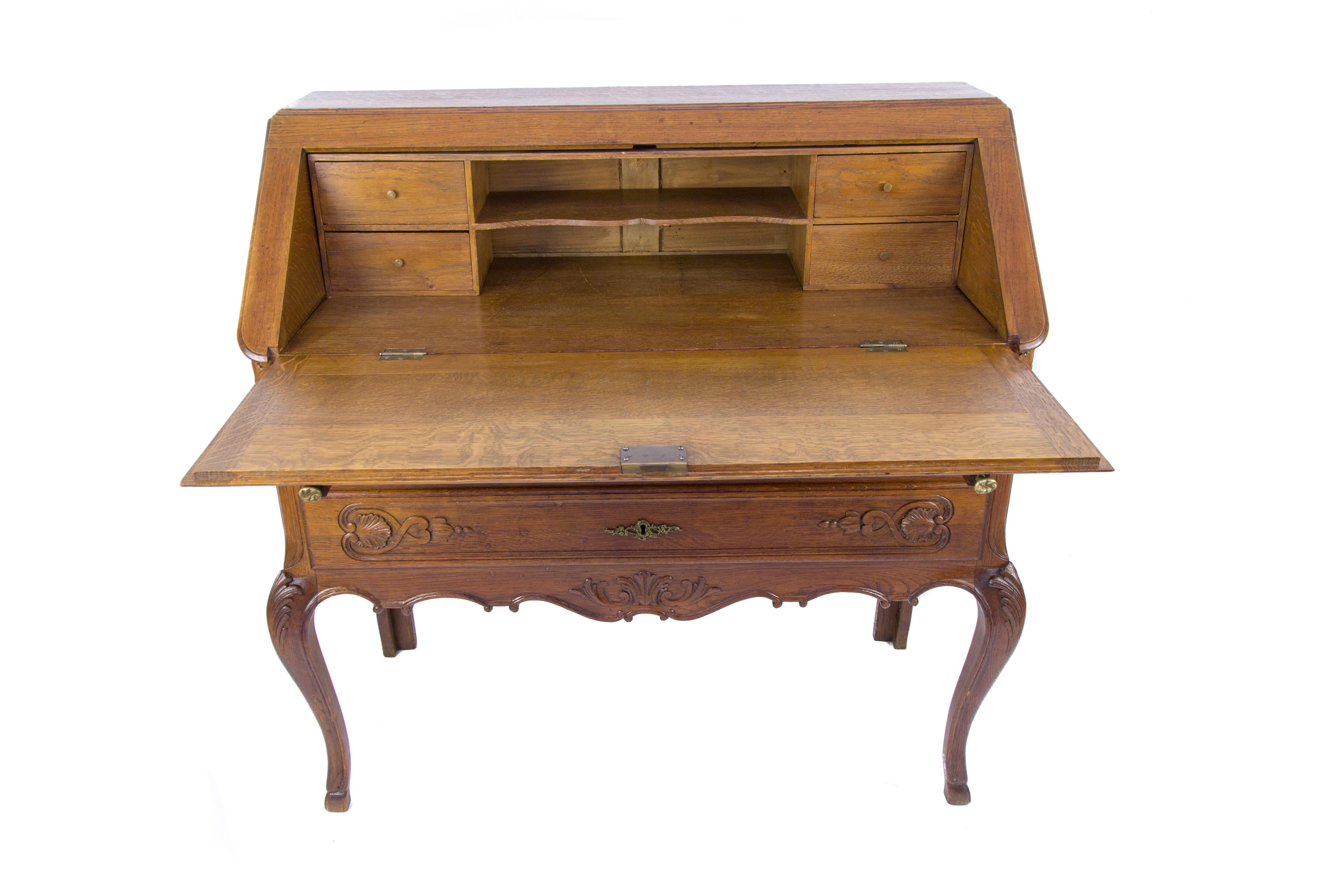French Louis Xv Style Carved Oak Drop Front Secretary Bureau