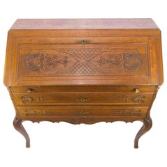 French Louis XV Style Carved Oak Drop Front Secretary Bureau, 1930s