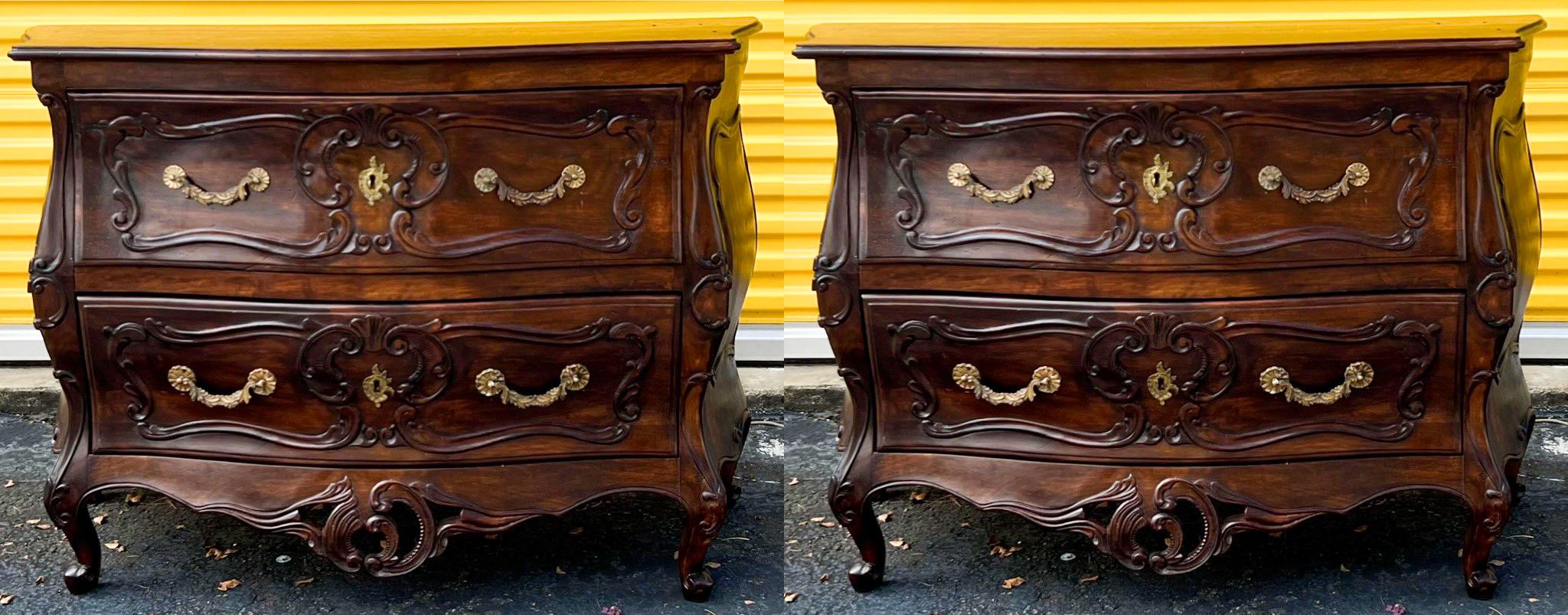 Brass French Louis XV Style Carved Oak Serpentine Commodes / Chest of Drawers, Pair