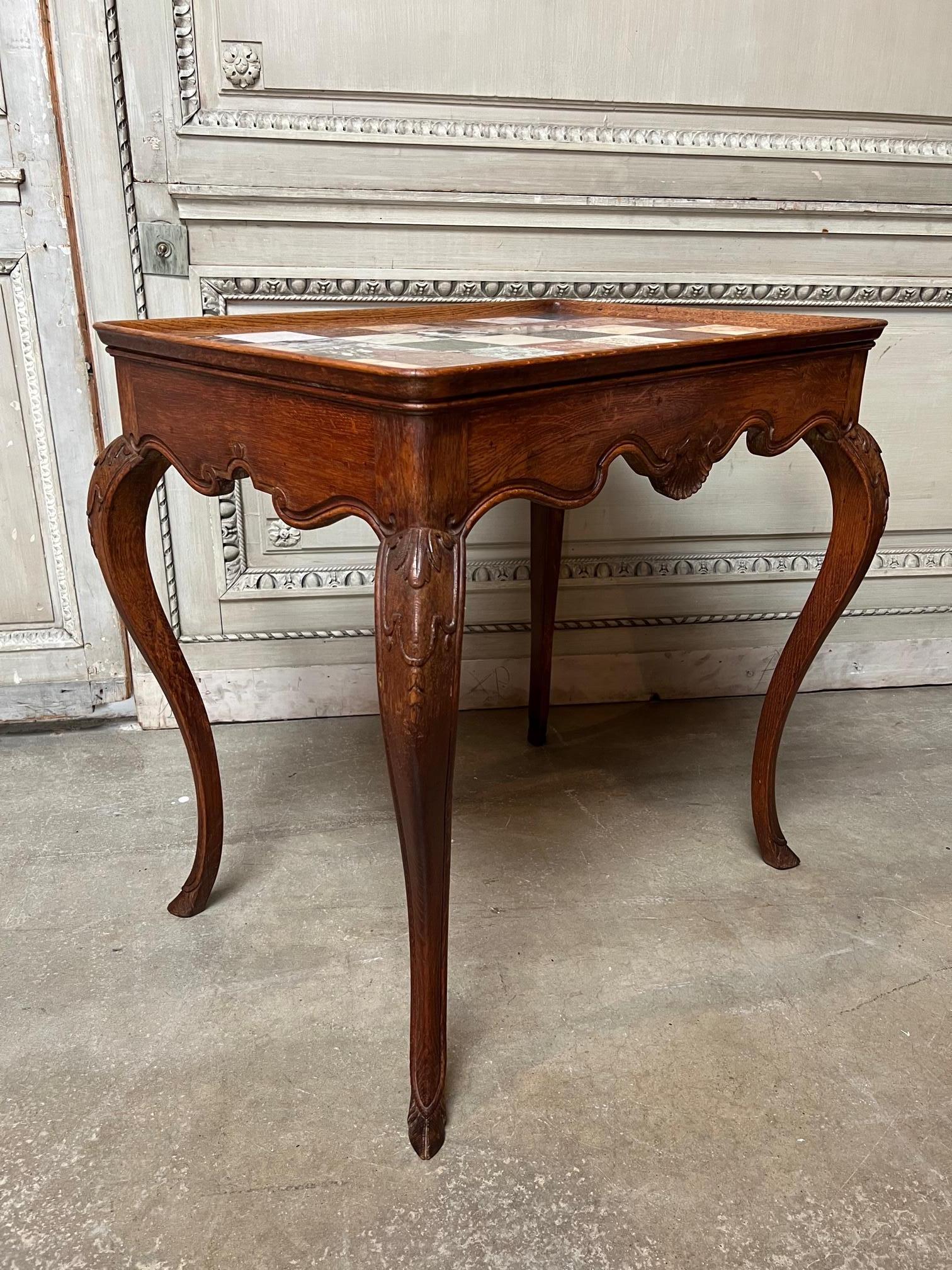 French Louis XV Style Carved Oak Table with Specimen Marble Top In Good Condition In Dallas, TX