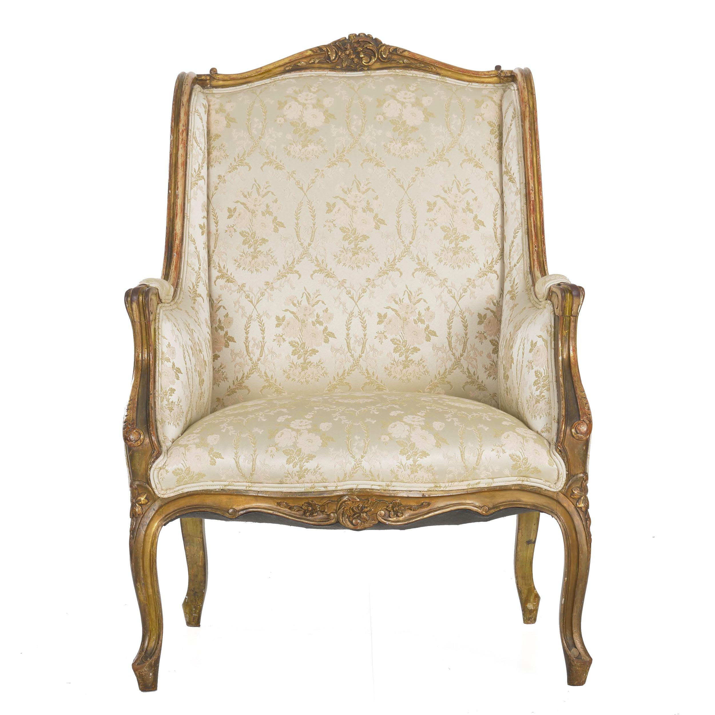 French Louis XV style polychrome and carved wingback bergère,
circa late 19th century
Item # 007SRV30P 

The rich polychrome surface of this wingback bergère armchair is perhaps what makes it so attractive, the numerous layers of old paint and