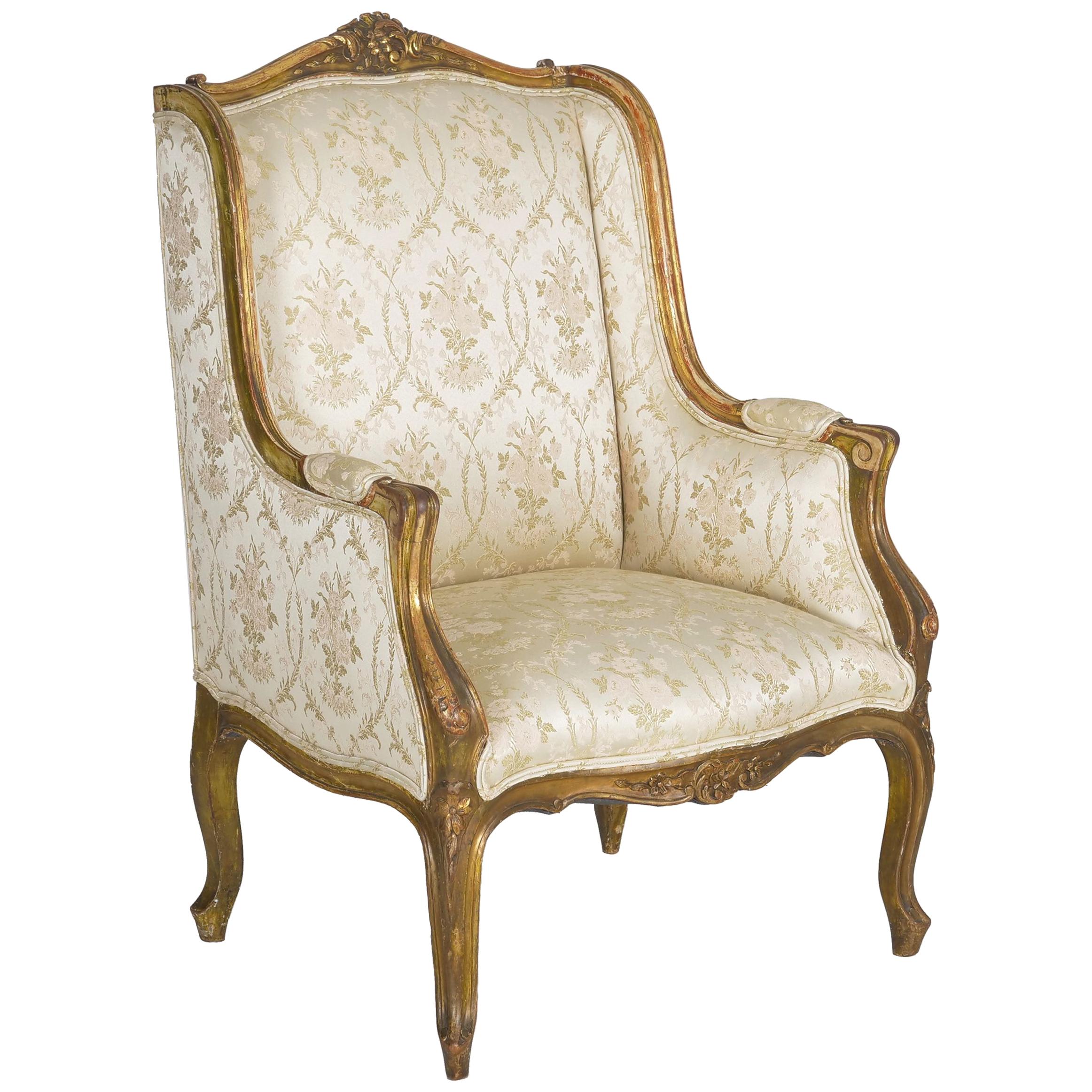 French Louis XV Style Carved Painted Antique Armchair, 19th Century