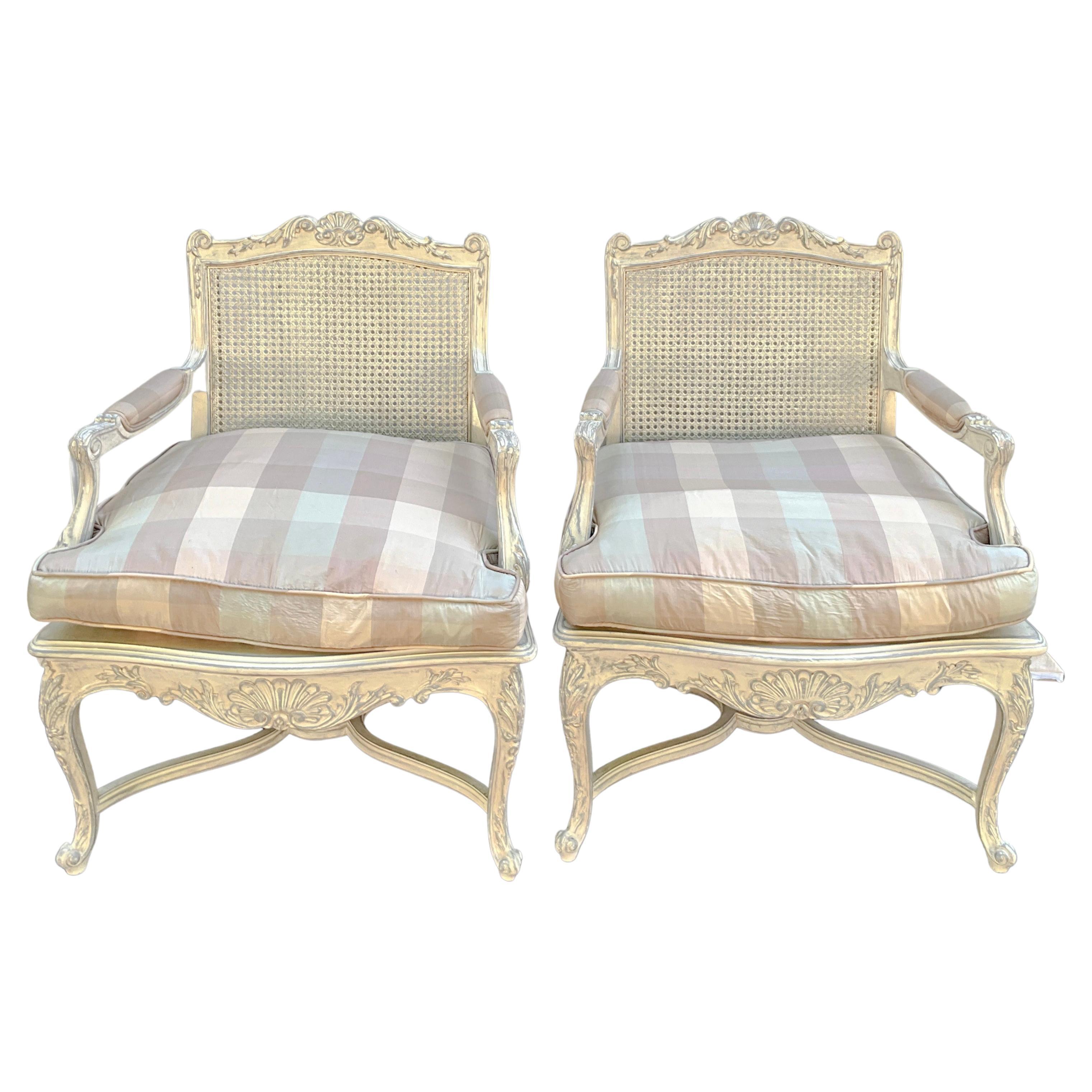 American French Louis XV Style Carved Shell & Painted Caned Bergere Chairs -Pair For Sale