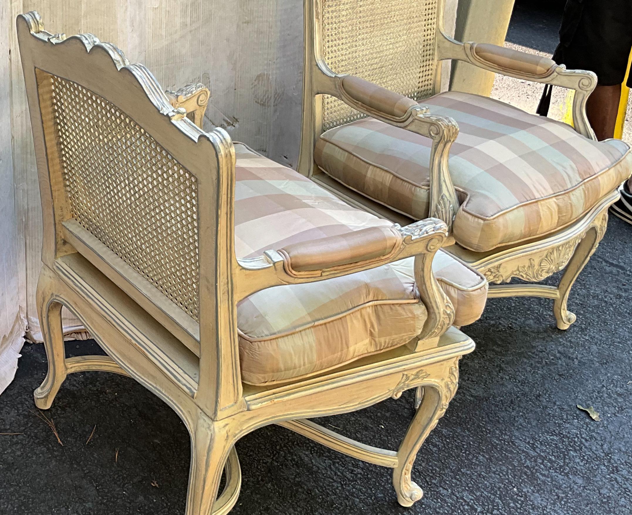 French Louis XV Style Carved Shell & Painted Caned Bergere Chairs -Pair For Sale 3