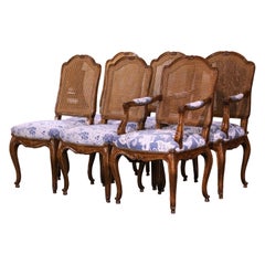 French Louis XV Style Carved Walnut and Cane Dining Chairs, Set of 6