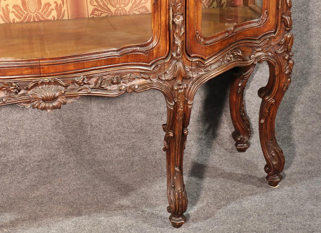 Glass French Louis XV Style Carved Walnut Breakfront China Cabinet