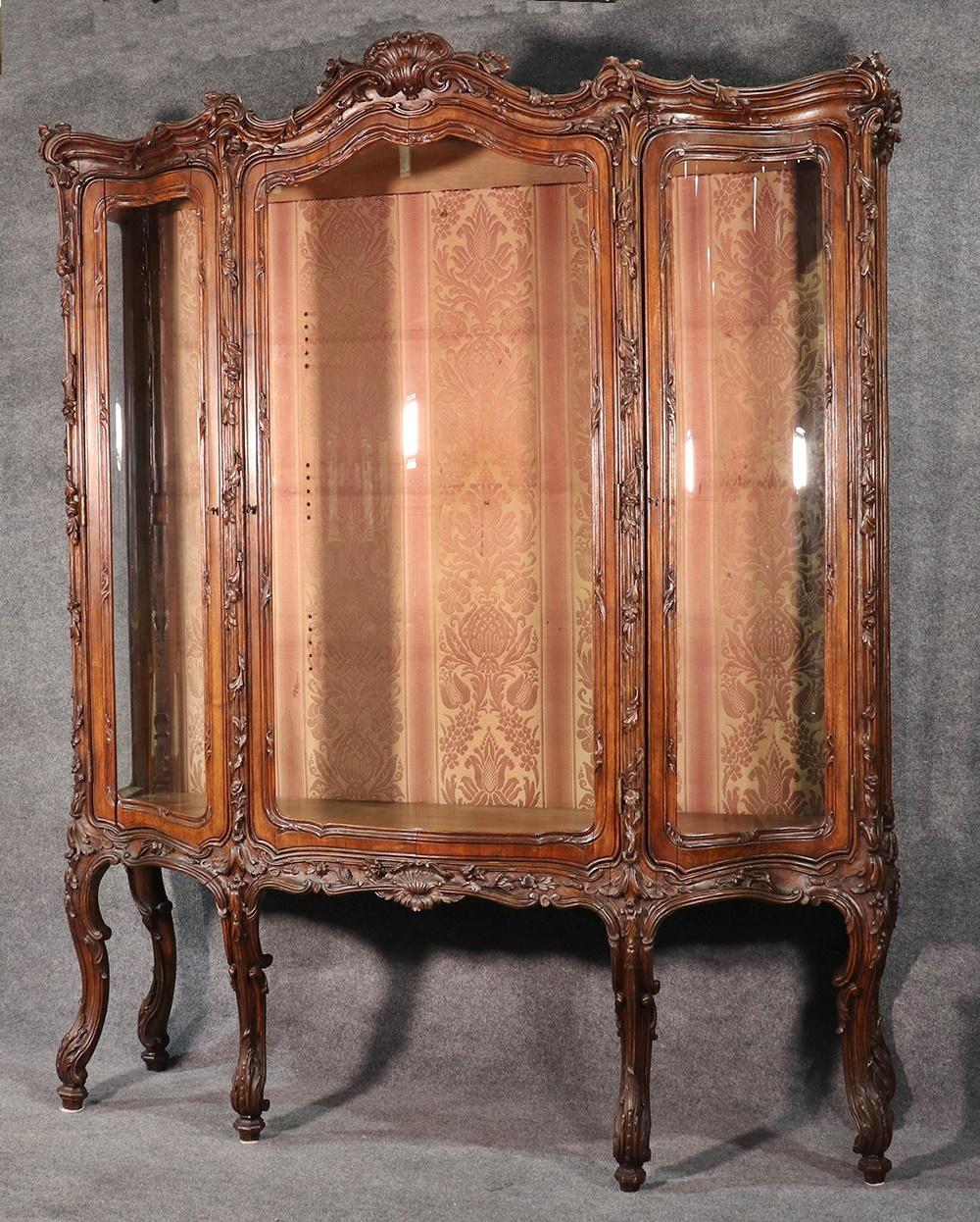 French Louis XV Style Carved Walnut Breakfront China Cabinet 2