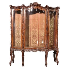 Antique French Louis XV Style Carved Walnut Breakfront China Cabinet