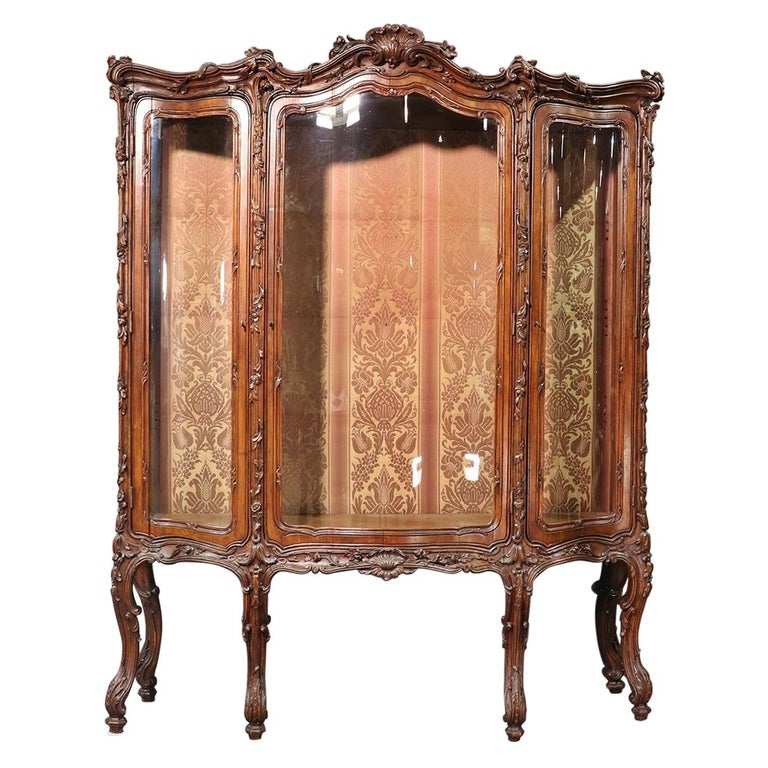 French Louis XV Style Carved Walnut Breakfront China Cabinet at 1stDibs