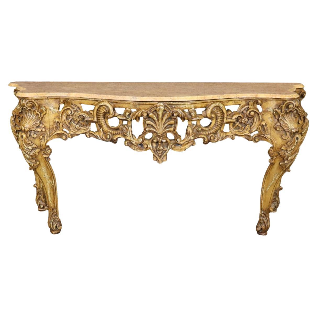 French Louis XV Style Carved Walnut Giltwood Console Table with Marble Top