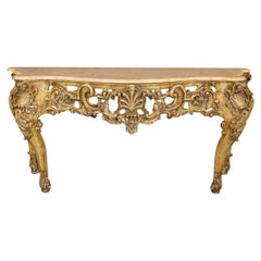 French Louis XV Style Carved Walnut Giltwood Console Table with Marble Top