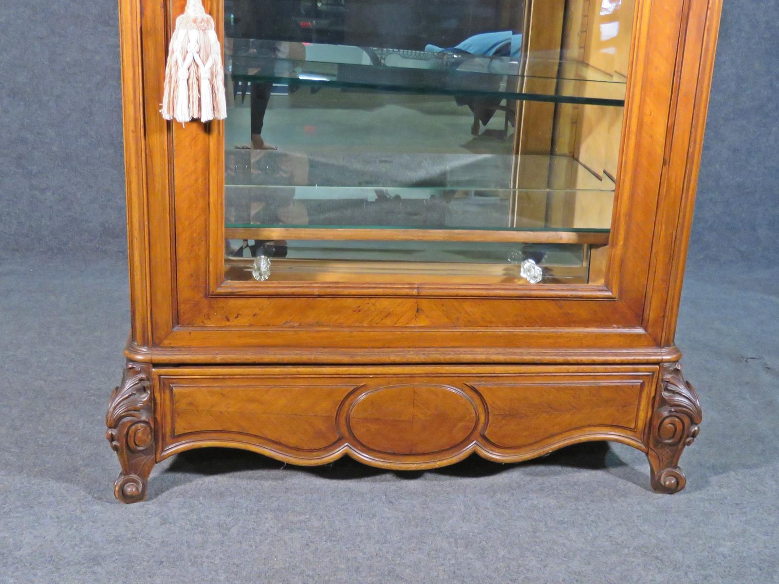 French Louis XV Style Carved Walnut Lighted Mirrored Vitrine Display Cabinet 1