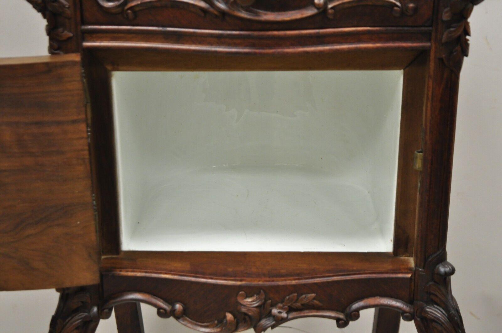 French Louis XV Style Carved Walnut Marble Top Porcelain Lined Nightstand For Sale 6