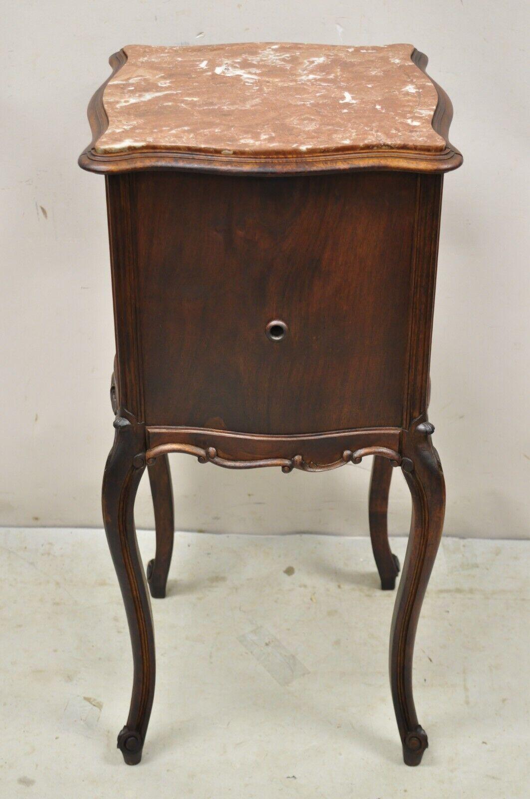 French Louis XV Style Carved Walnut Marble Top Porcelain Lined Nightstand For Sale 7