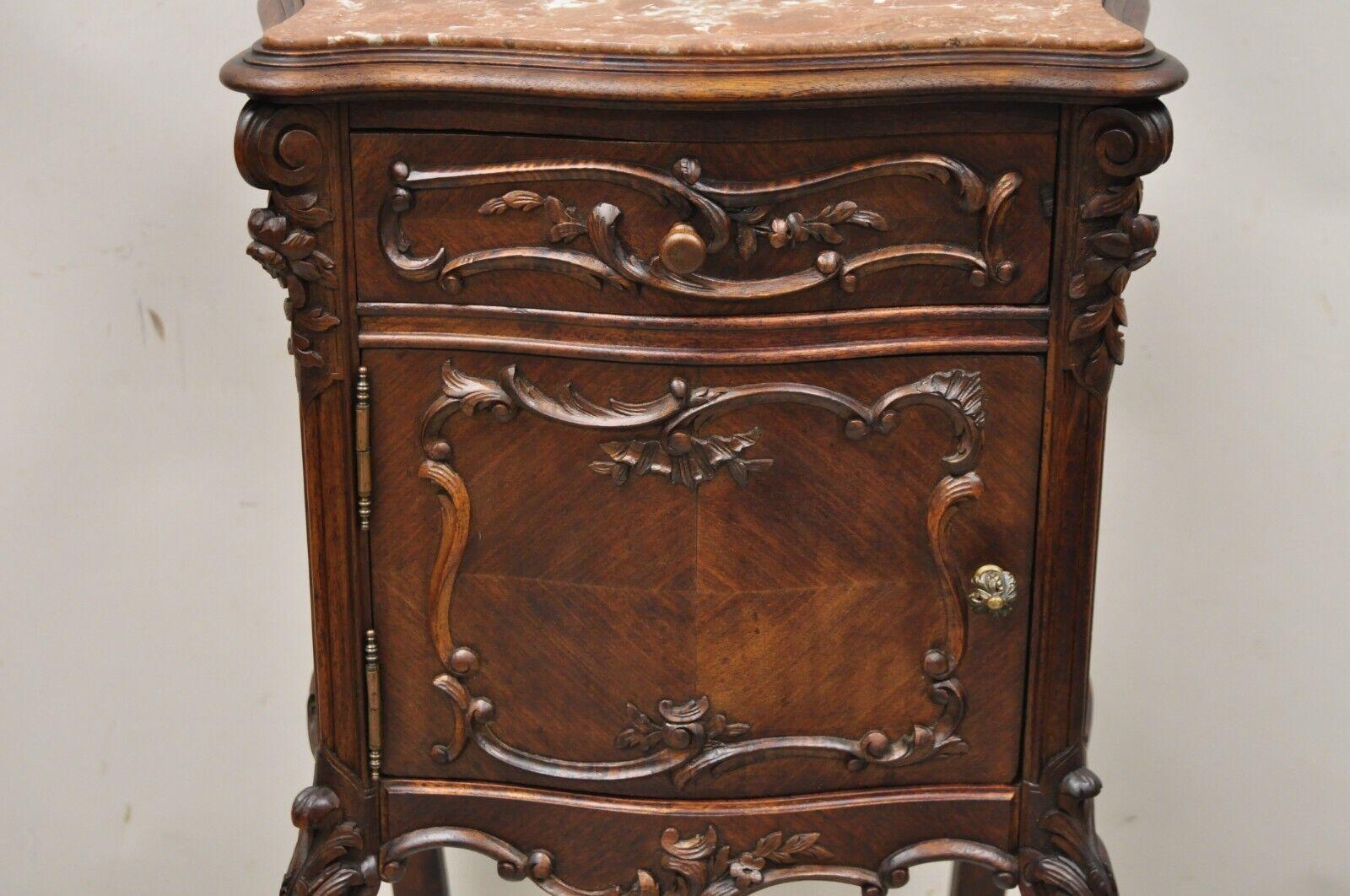 French Louis XV Style Carved Walnut Marble Top Porcelain Lined Nightstand For Sale 3