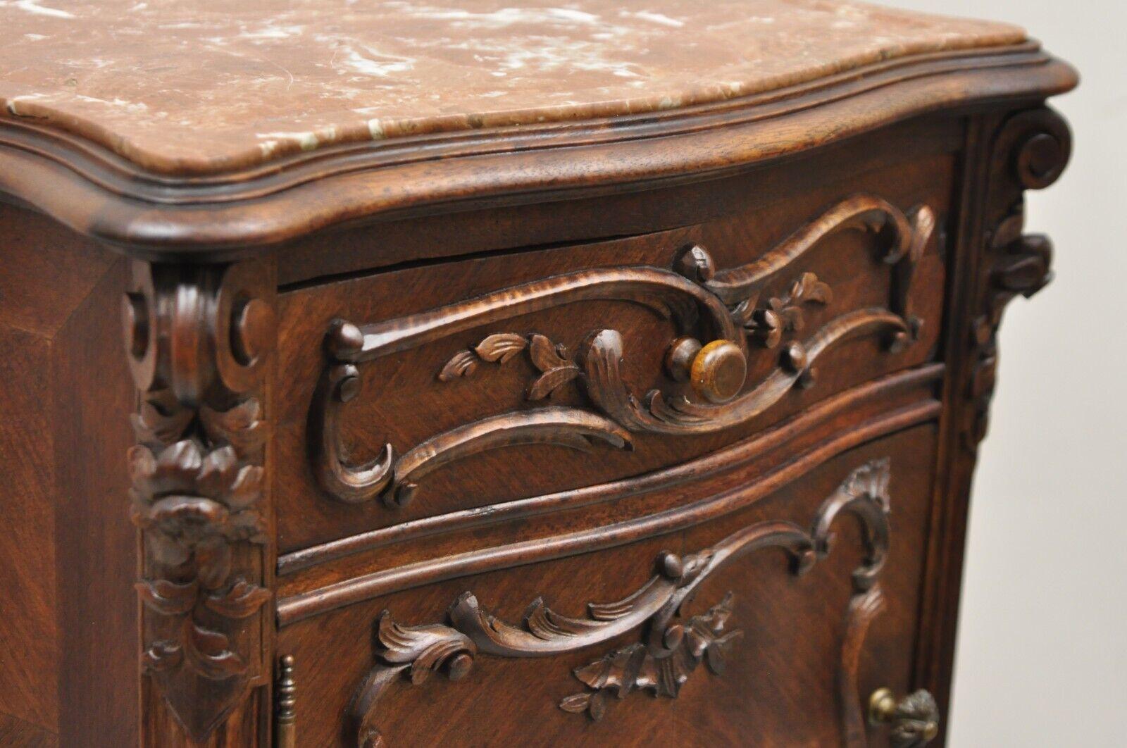 French Louis XV Style Carved Walnut Marble Top Porcelain Lined Nightstand For Sale 4