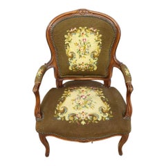 French Louis XV Style Carved Walnut & Needlepoint Fauteuil Armchair c1920