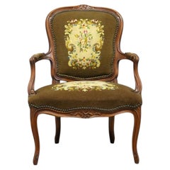 French Louis XV Style Carved Walnut & Needlepoint Fauteuil Armchair c1920