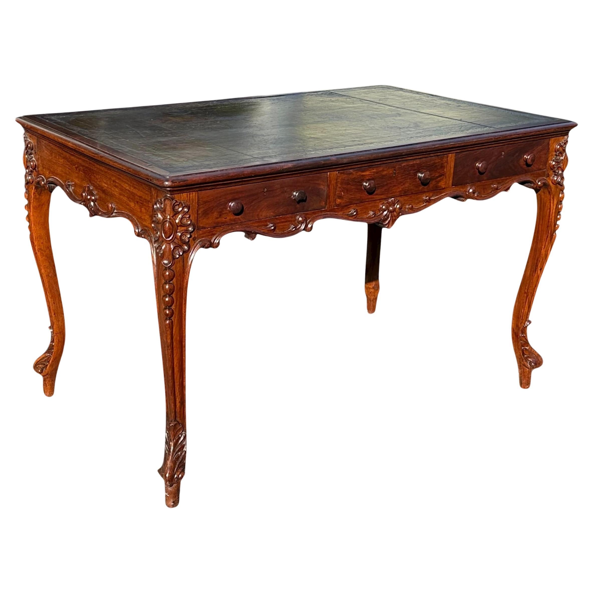 French Louis XV Style Carved Walnut Partners Desk with Leather Top..