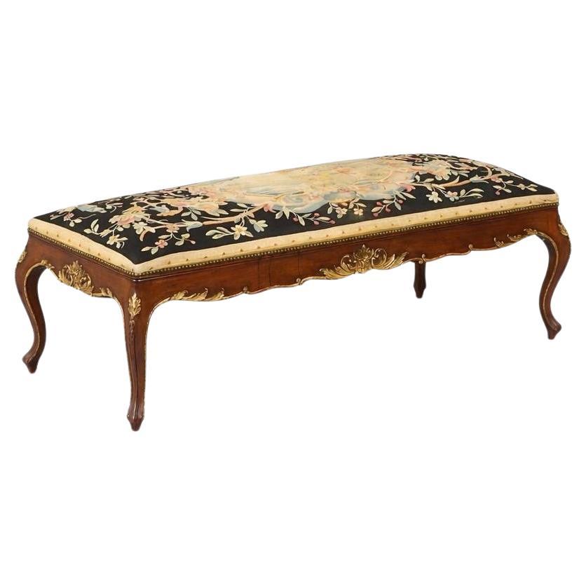French Louis XV Style Carved Walnut Upholstered Bench w/ Gilt Accents