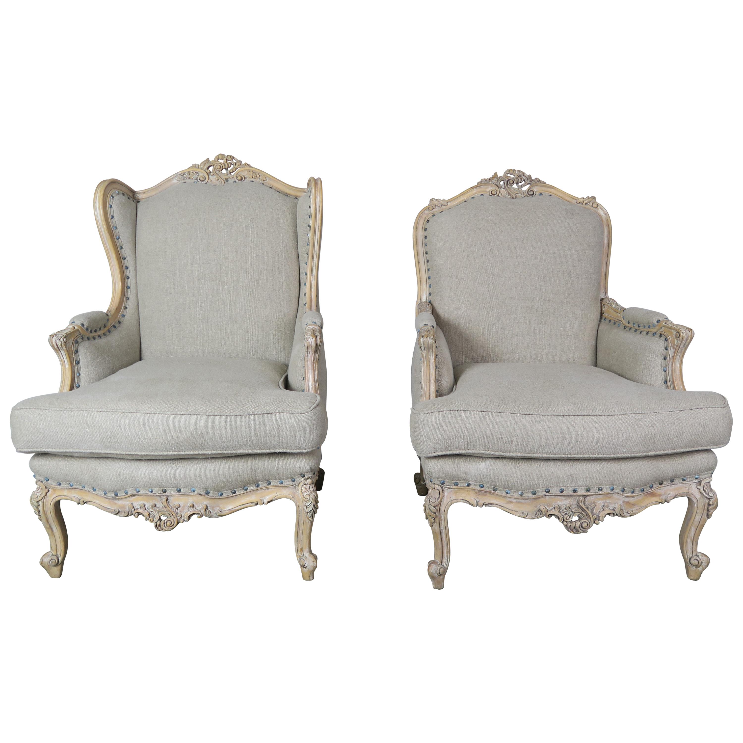 French Louis XV Style Carved Wood Armchairs, His & Her