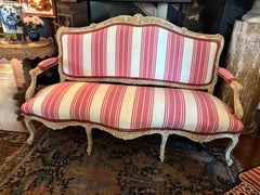 French Louis XV Style Carved Wood Settee Sofa in Pink and White Striped Upholste