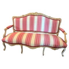 French Louis XV Style Carved Wood Settee Sofa in Pink and White Striped Upholste