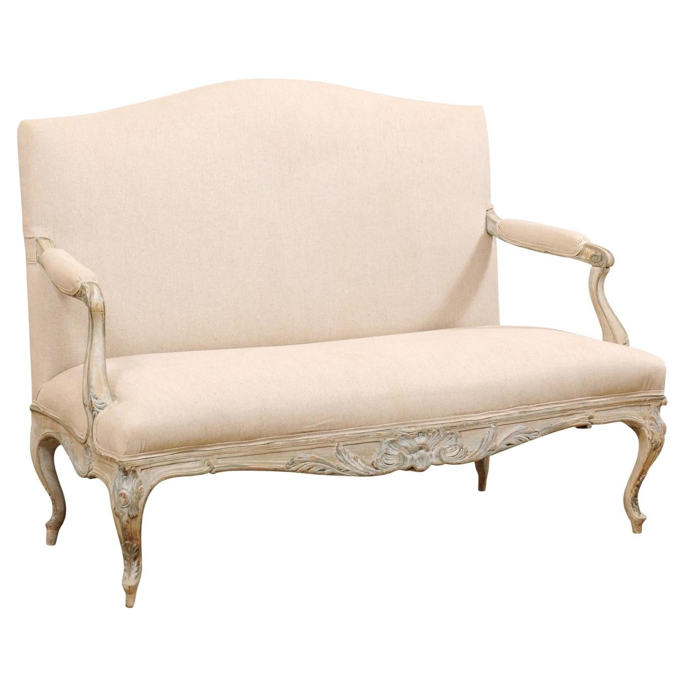 French Louis XV Style Carved-Wood & Upholstered Settee 