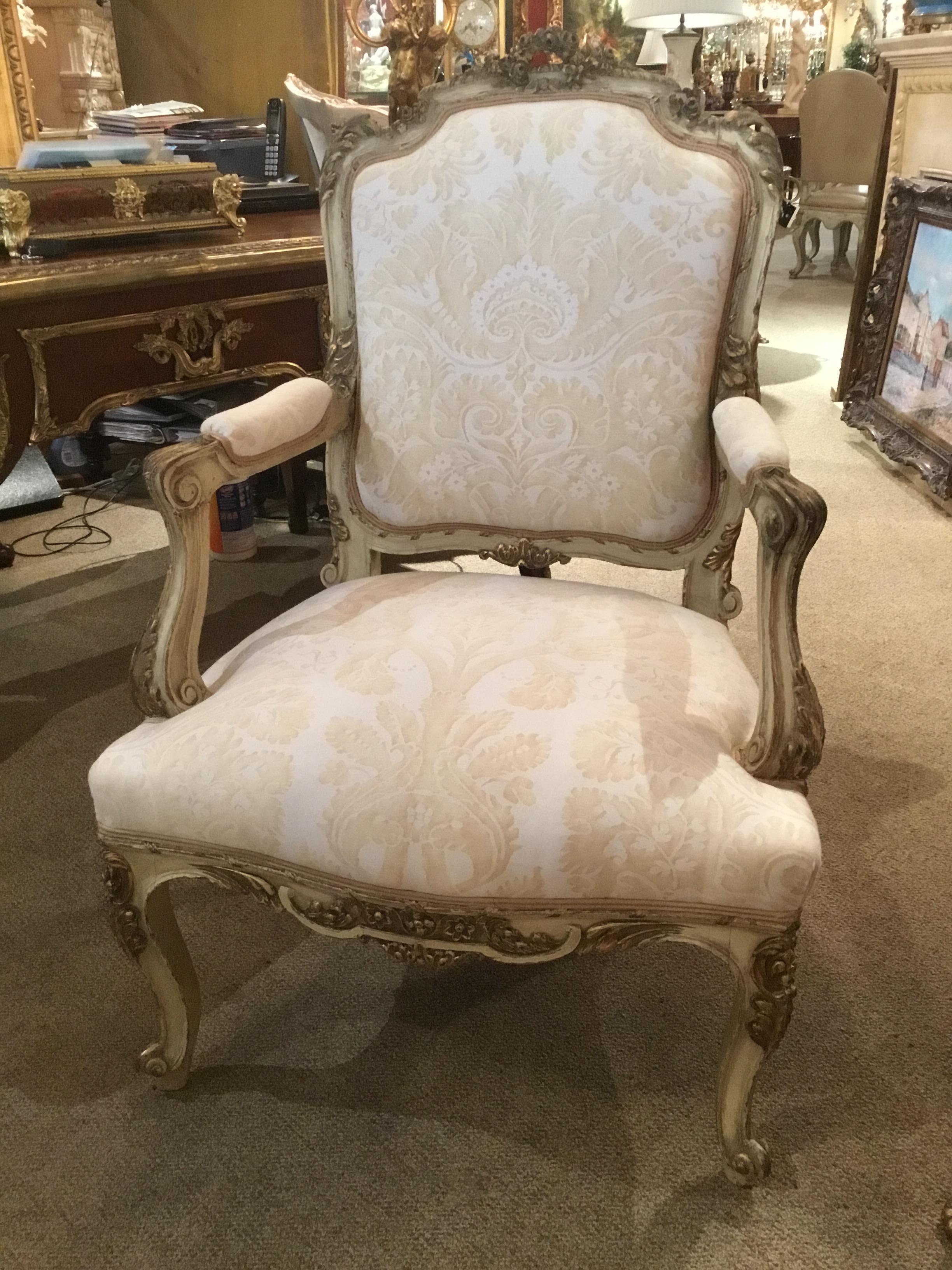French Louis XV-Style Chair, Parcel-Gilt and Cream Paint, Fortuny Fabric 1
