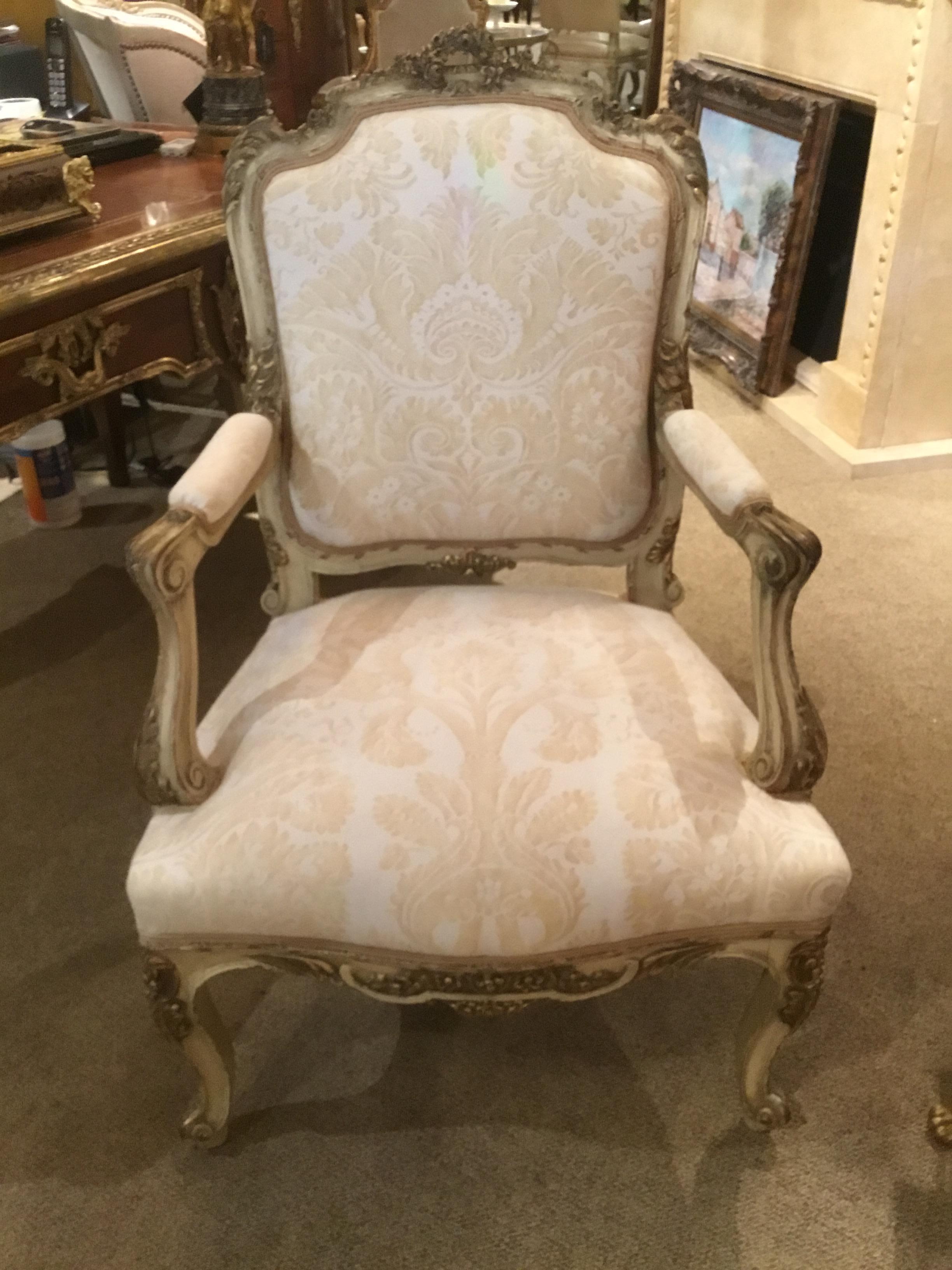 French Louis XV-Style Chair, Parcel-Gilt and Cream Paint, Fortuny Fabric 3