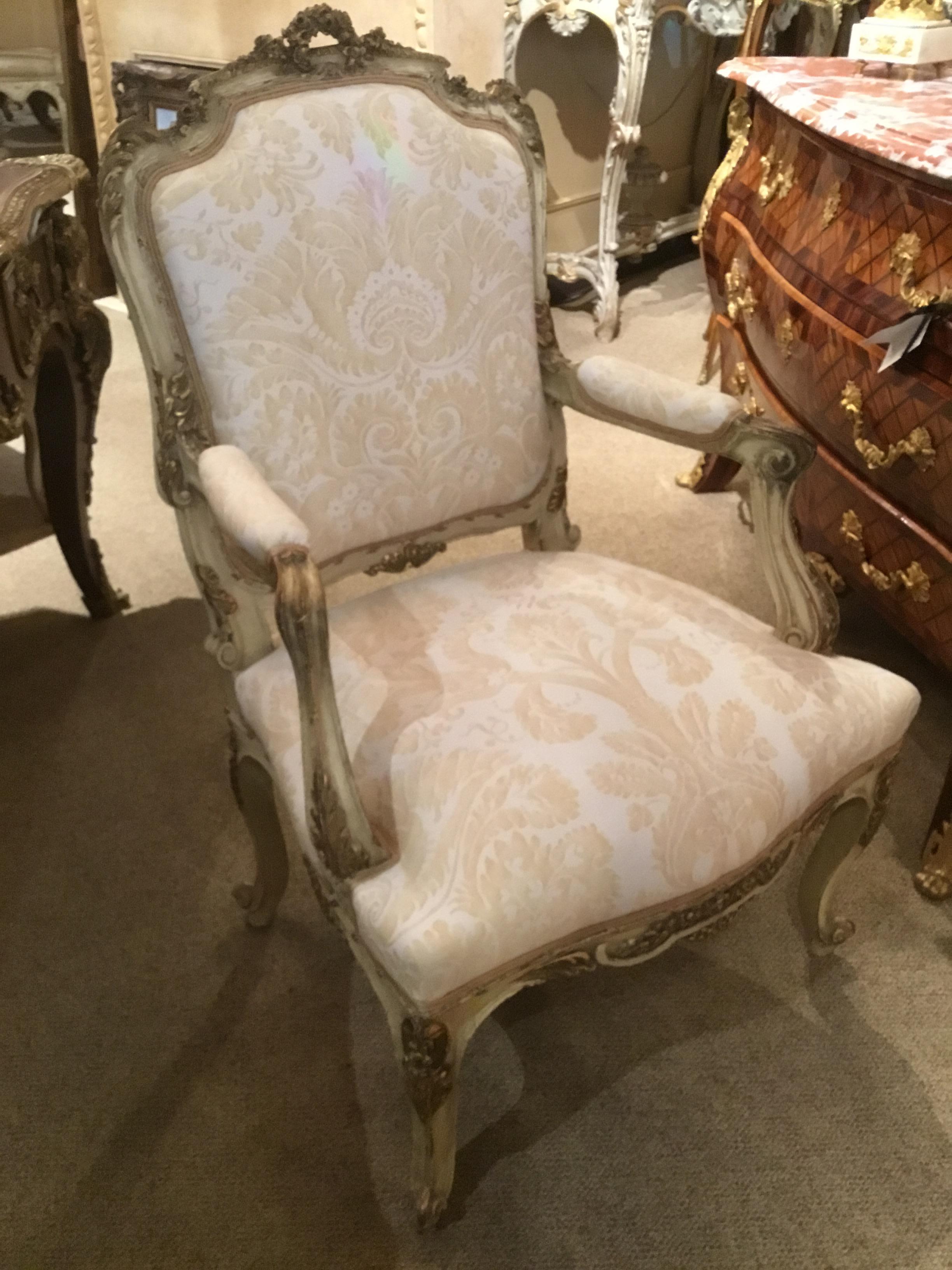 French Louis XV-Style Chair, Parcel-Gilt and Cream Paint, Fortuny Fabric 4