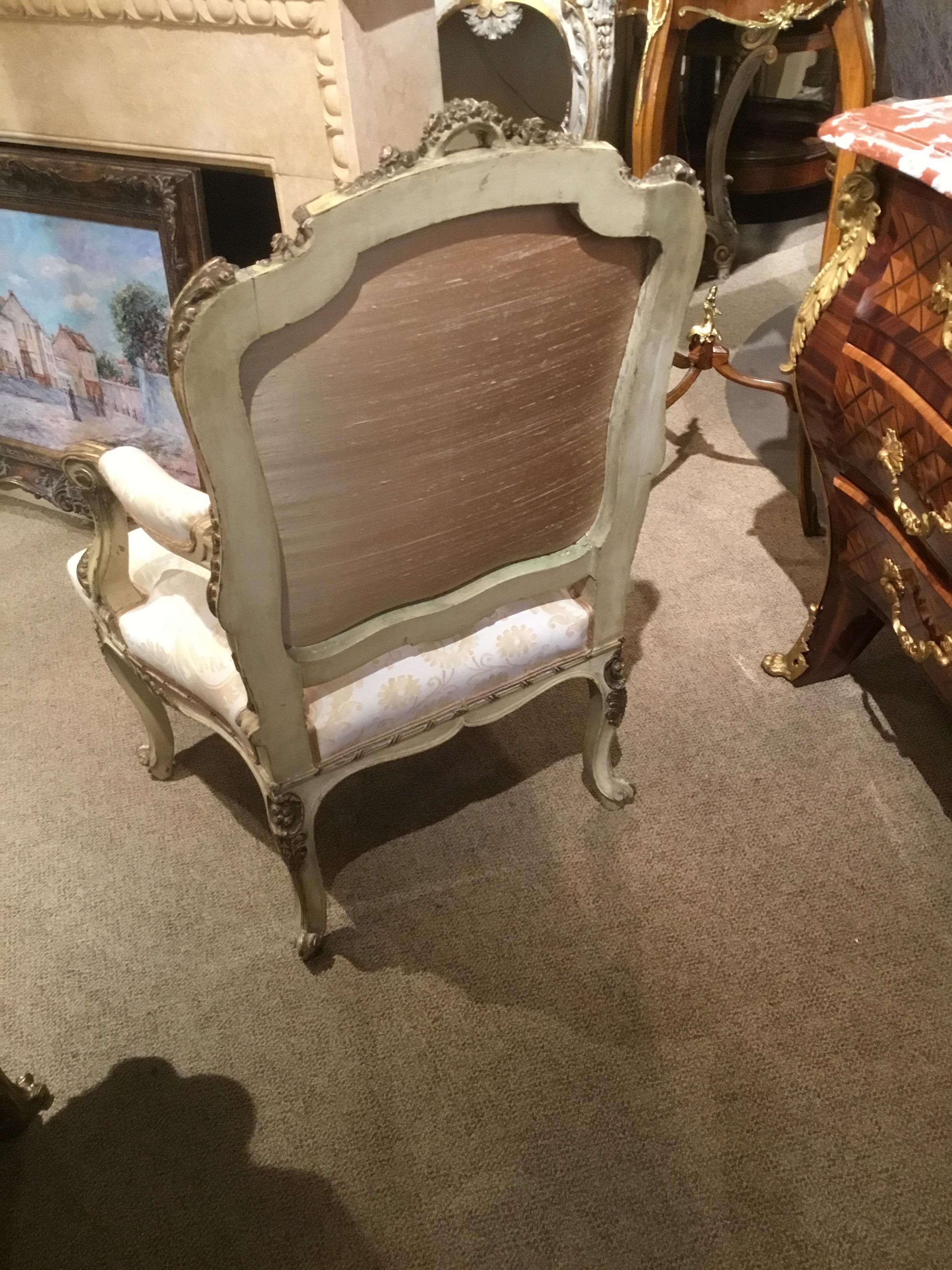 19th Century French Louis XV-Style Chair, Parcel-Gilt and Cream Paint, Fortuny Fabric