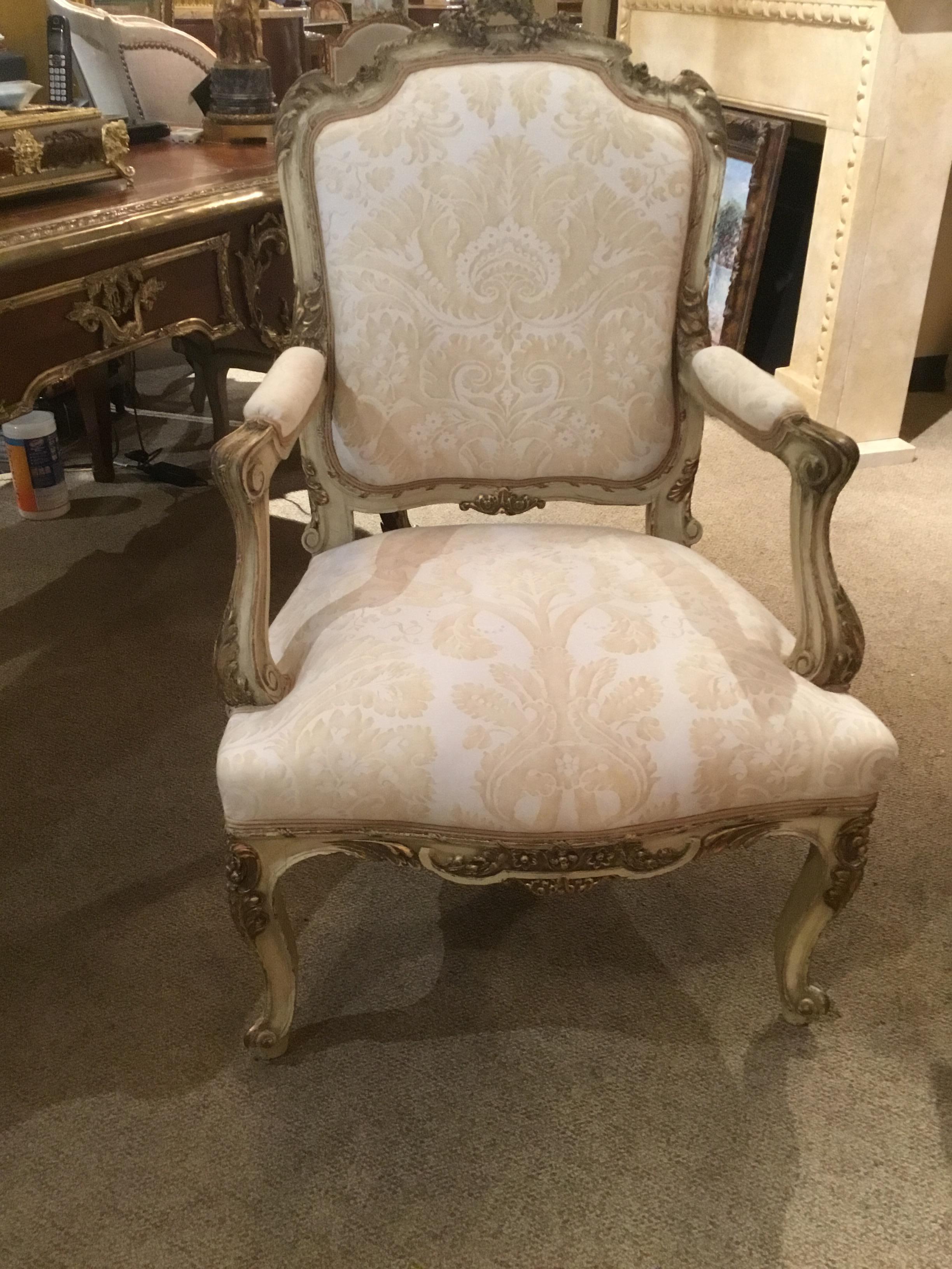 Giltwood French Louis XV-Style Chair, Parcel-Gilt and Cream Paint, Fortuny Fabric