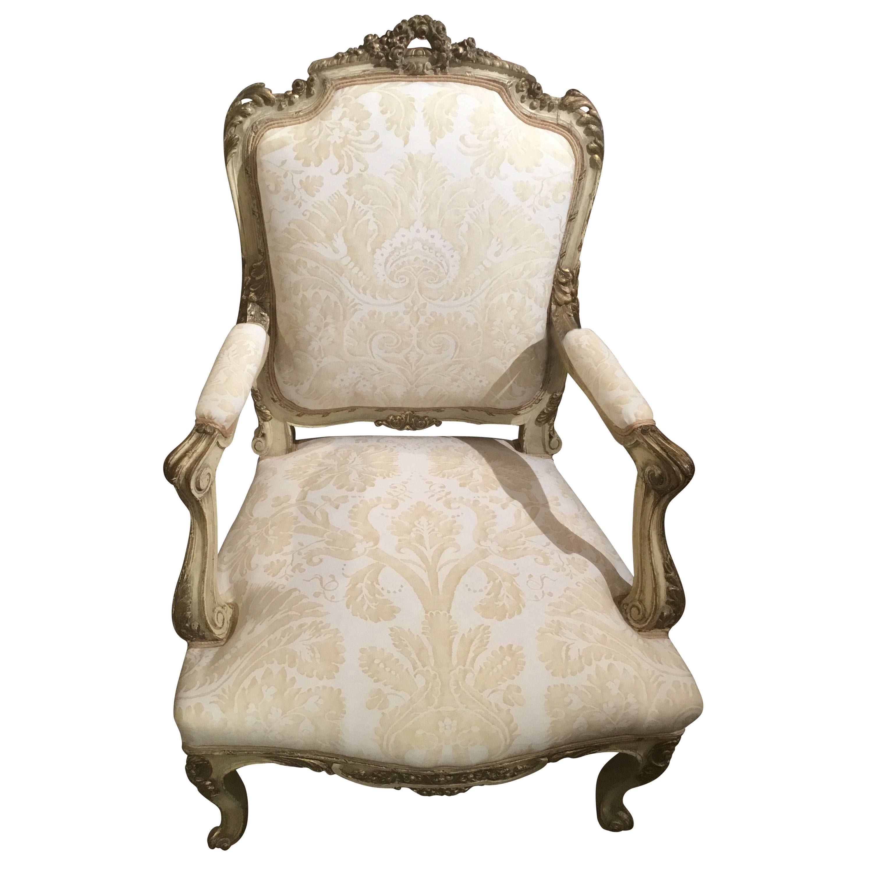 French Louis XV-Style Chair, Parcel Gilt and Cream Paint, Fortuny Fabric
