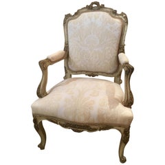 French Louis XV-Style Chair, Parcel-Gilt and Cream Paint, Fortuny Fabric