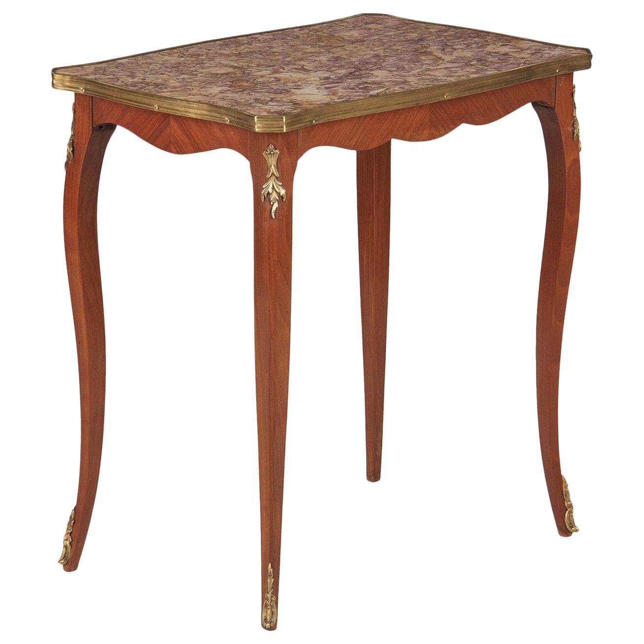French Louis XV Style Cherrywood and Marble-Top Side Table, 1940s