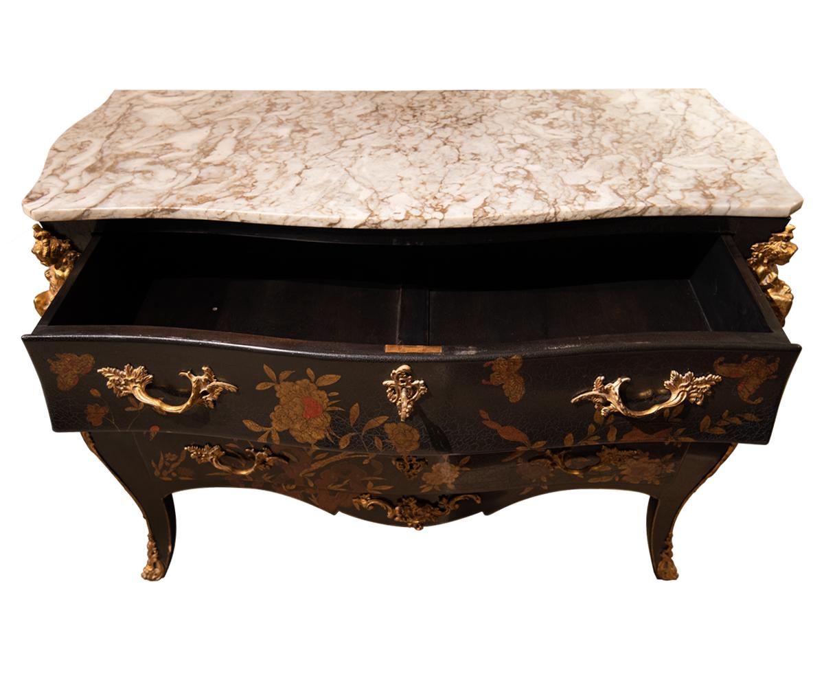 Hand-Painted French Louis XV Style Chinoiserie Commode or Bombe Chest of Drawer